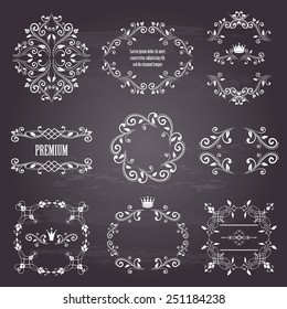 set of white retro styled ornamental designs. frames with crowns for your photo or sample text. isolated on chalkboard background. vector illustration. can use for birthday card, wedding invitations