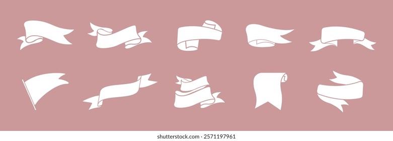 Set of white ribbon banners on a pink background. Decorative ribbons, various shapes. Perfect for design, banners, and decorative projects. Ribbon banner vector set.