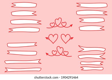 Set of white ribbons, labels and red hearts with arrows. Hand drawn frames and blanks. For decoration, banners, festive postcards design, icons, packages, wallpapers, prints