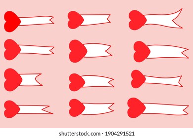Set of white ribbons, labels with red hearts. Hand drawn frames and blanks. For decoration, banners, festive postcards design, icons, packages, wallpapers, prints