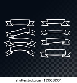 A set of white ribbons, signboards of different shapes on a translucent dark squared background of squares. Vector illustration.
