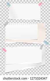Set of white ripped notebook paper, torn note paper strips stuck with colorful sticky tape on squared background. Vector illustration