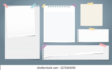 Set of white ripped notebook paper, torn note paper strips stuck with colorful sticky tape on blue background. Vector illustration