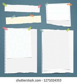 Set of white ripped notebook paper, torn note paper strips stuck with colorful sticky tape on blue background. Vector illustration