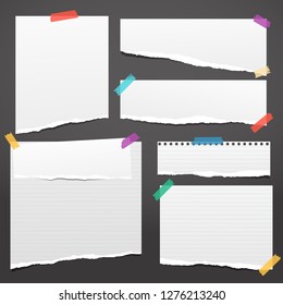 Set of white ripped notebook paper, torn note paper strips stuck with colorful sticky tape on black background. Vector illustration