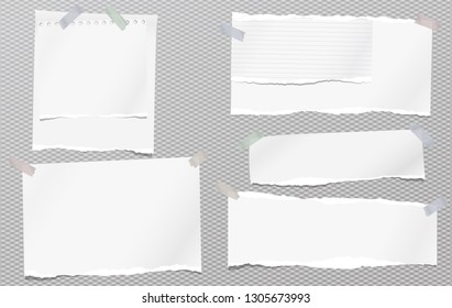Set of white ripped notebook paper, torn note paper strips stuck with sticky tape on squared grey background. Vector illustration