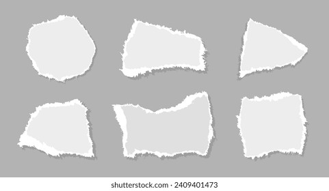 Set of white ripped paper stripes set. Realistic papers scrap with torn edges. Notepad torn papers for message note, page or banner.  Vector collection.