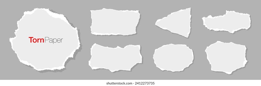 Set of white ripped paper stripes set. Realistic papers scrap with torn edges. Notepad torn papers for message note, page or banner. Vector collection.