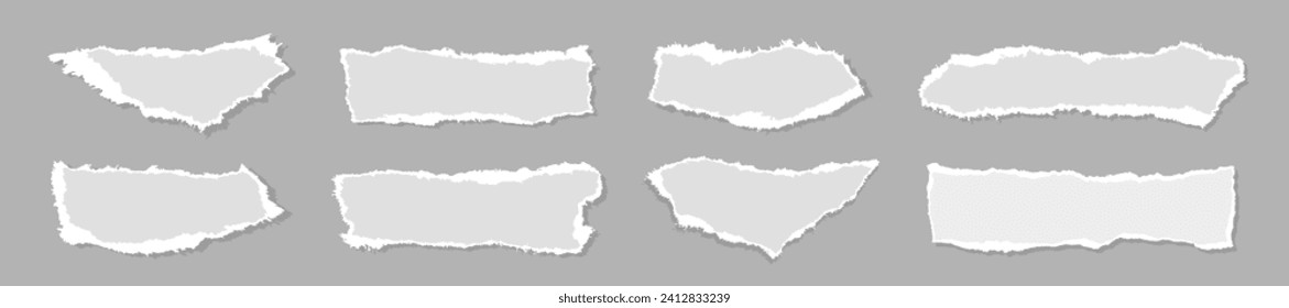 Set of white ripped paper stripes. Realistic papers scrap with torn edges. Notepad torn papers for message note, page or banner. Vector collection.