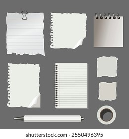 Set of white ripped paper stripes. Realistic papers scrap with torn edges. Notepad torn papers for message note, page or banner.Vector illustration isolated on white background.