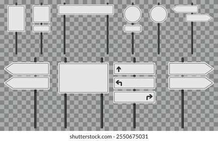 Set of white road signs on black poles. Blank signs for customized text or symbols. Vector illustration, EPS10