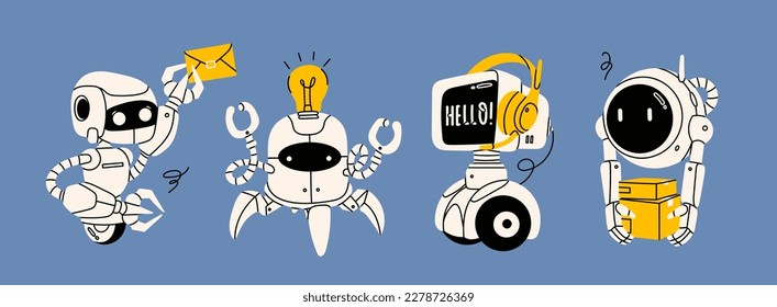 Set of white Robots. Cute artificial robotic characters. Hand drawn Vector illustration. Futuristic retro androids. Cartoon style. Isolated design elements. Delivery, customer service, postal concept