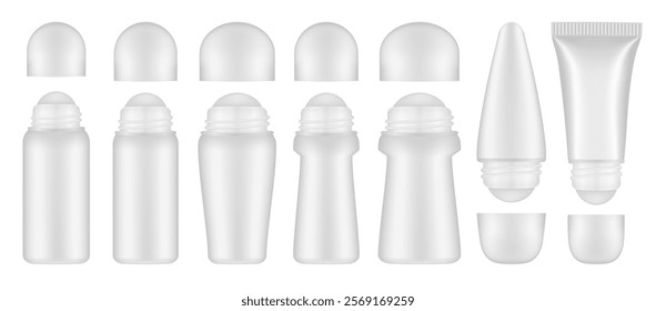 Set of white roller ball bottles. Body antiperspirant deodorant roll-on, open blank bottles with screw cap. Realistic vector mockup. Roller Applicator