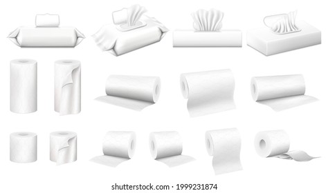 Set of white rolls of toilet paper and hygienic paper towels, wet wipes, bathroom and toilet set, realistic 3D vector,