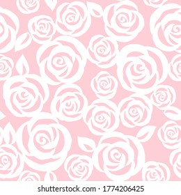 Set of white rose on pink pastel background. Hand drawing seamless vector illustration.