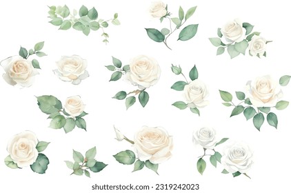 set of white roses watercolor illustration. hand drawn, isolated white background, flower clipart, for bouquets, wreaths, arrangements, wedding invitations, anniversary, birthday, postcards, greeting