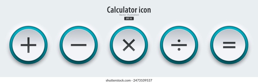 Conjunto de Botones redondos blancos con símbolos de calculadora. Añadir icono, menos, multiplicar, dividir, igual. Estilo de diseño de neumorfismo 3D para App, Sitios web, interfaces y App móviles. UI UX. Ilustración vectorial.