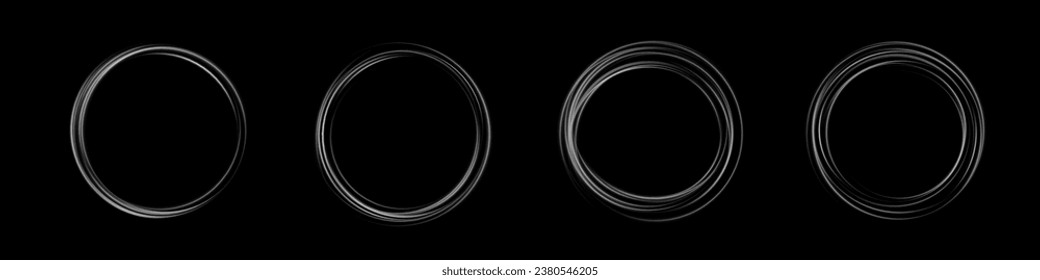 Set of white round frames isolated on black background.  Light efects in the form of portal. Vector illustration.
