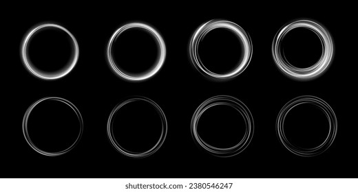 Set of white round frames isolated on black background.  Light efects in the form of portal. Vector illustration.