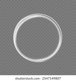 Conjunto de marcos redondos blancos aislados sobre fondo negro. Líneas blancas luminosas de velocidad. Efecto luminoso. Líneas de movimiento Abstractas.