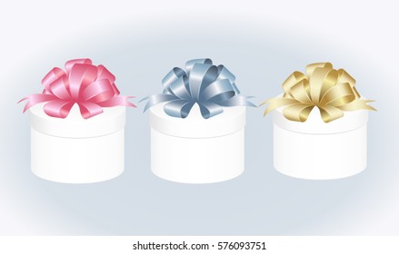 Set of White Round Gift Box with Bow Isolated on  Background. Vector image.