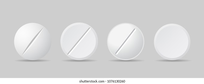 Set of white round medicine pills of different kinds, isolated vector on a gray background with shadow