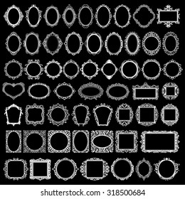 set of white round, oval and square vintage frames, design elements on black background