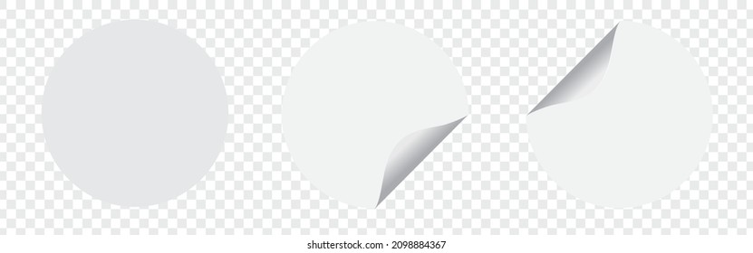 Set white round paper adhesive stickers mockup with curved corner and shadow. White round sticker on Transparent background
