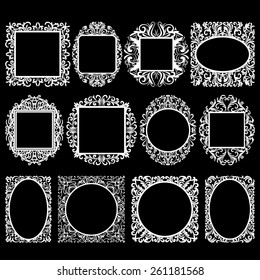 set of white round and square vintage frames, design elements on black background