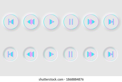 Set of white round vector buttons for player in neomorphism style.