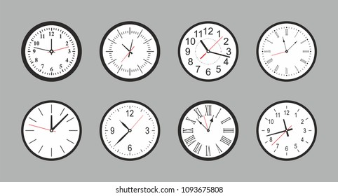Set of white Round wall clock. flat style. isolated on gray background