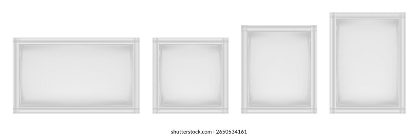 Set of white sachets in various shapes and sizes. Square and rectangular, vertical and horizontal. Cosmetic samples, skincare products, food supplements, tea bags, or single-use items