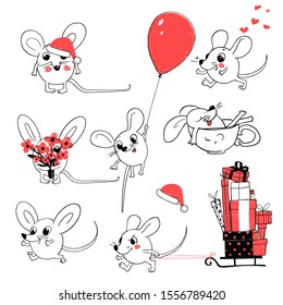 Set of White Santa Claus Mouses or Rats on a different Poses. Mouse Flies in a Balloon. Mouse with the bouquet, mouse in a Cup. Mouse with the presents. Merry Christmas and happy New Year Greeting