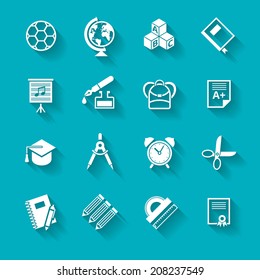 Set of white school and education icons. Vector school symbols in flat simple style. 