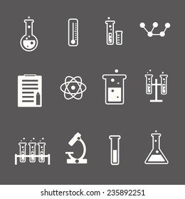 Set of white science and research icons on a grey background depicting laboratory glassware test tubes glass  atom  thermometer and retort stand  vector