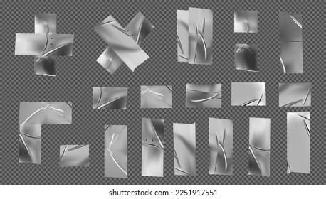 Set of white scotch tapes on white background. Set of gray tape. Torn horizontal and different size white sticky tape, adhesive pieces.