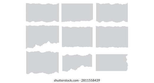 A set of white scrap book torn note paper pieces, torn paper memo sheets, or notebook shred design, ripped paper abstract design. 