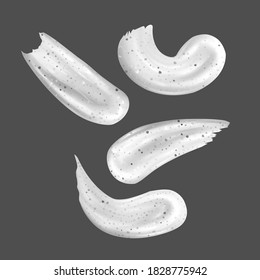 Set of white scrub, smears set isolated on white background. Beauty cosmetics peeling product for face care with cream or gel brush strokes Tube package design Realistic 3d vector illustration
