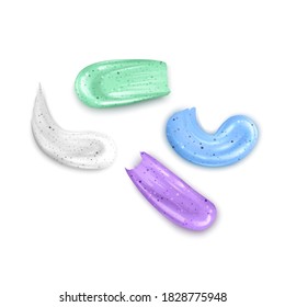 Set de lavado blanco, manchas aisladas sobre fondo blanco. Cosméticos de belleza producto de pelado para cuidado facial con pincel de crema o gel Diseño de paquete de tubo Ilustración vectorial 3d realista
