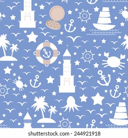 Set white sea icon on blue background. Seamless pattern vector