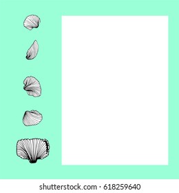 set of white sea shells with black contours isolated on a blue background