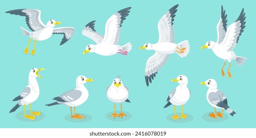 Set of white seagulls in different poses. They sit and fly. In cartoon style. Isolated on blue background. Vector flat illustration