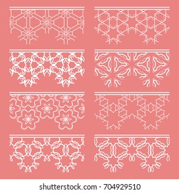Set of white seamless borders, line patterns. Tribal ethnic arabic, indian decorative ornaments, fashion lace collection. Isolated design elements for headline, banners, wedding invitation cards