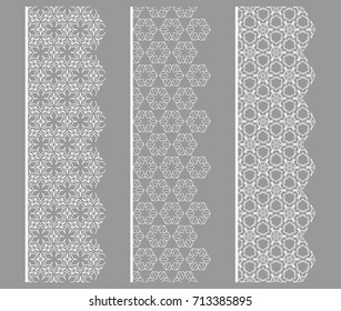Set of white seamless borders, line patterns. Tribal ethnic arabic, indian decorative ornaments, fashion lace collection. Isolated design elements for headline, banners, wedding invitation cards