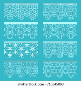 Set of white seamless borders, line patterns. Tribal ethnic arabic, indian decorative ornaments, fashion lace collection. Isolated design elements for headline, banners, wedding invitation cards
