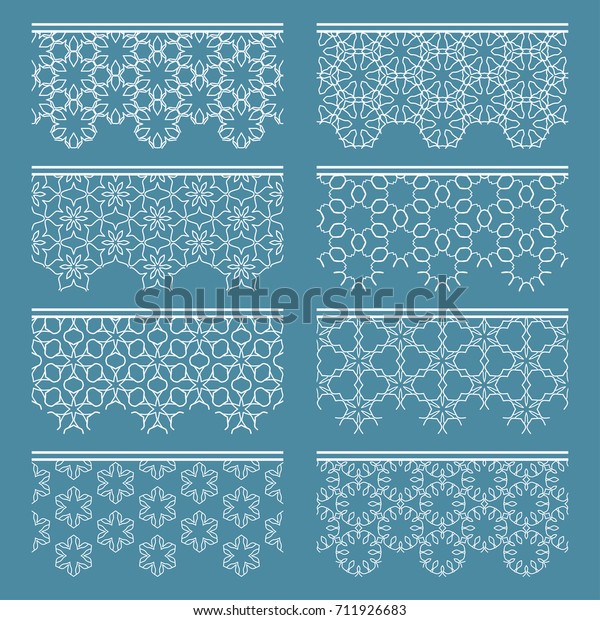 Set of white seamless borders, line patterns.\
Tribal ethnic arabic, indian decorative ornaments, fashion lace\
collection. Isolated design elements for headline, banners, wedding\
invitation cards