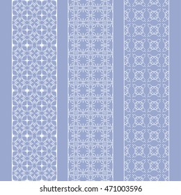 Set of white seamless lace borders, line patterns. Tribal ethnic decorative ornament, vector geometric border collection