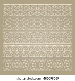 Set of white seamless lace borders, ornamental paper lines. Tribal ethnic decorative ornament, vector geometric patterns collection