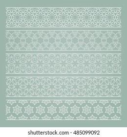 Set of white seamless lace borders, ornamental paper lines. Tribal ethnic decorative ornament, vector geometric patterns collection