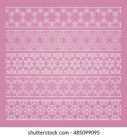 Set of white seamless lace borders, ornamental paper lines. Tribal ethnic decorative ornament, vector geometric patterns collection